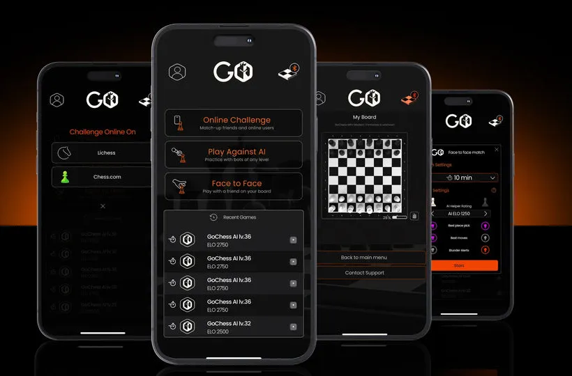 Four phones showing the GoChess app: online challenge, play against AI, face to face, and board status