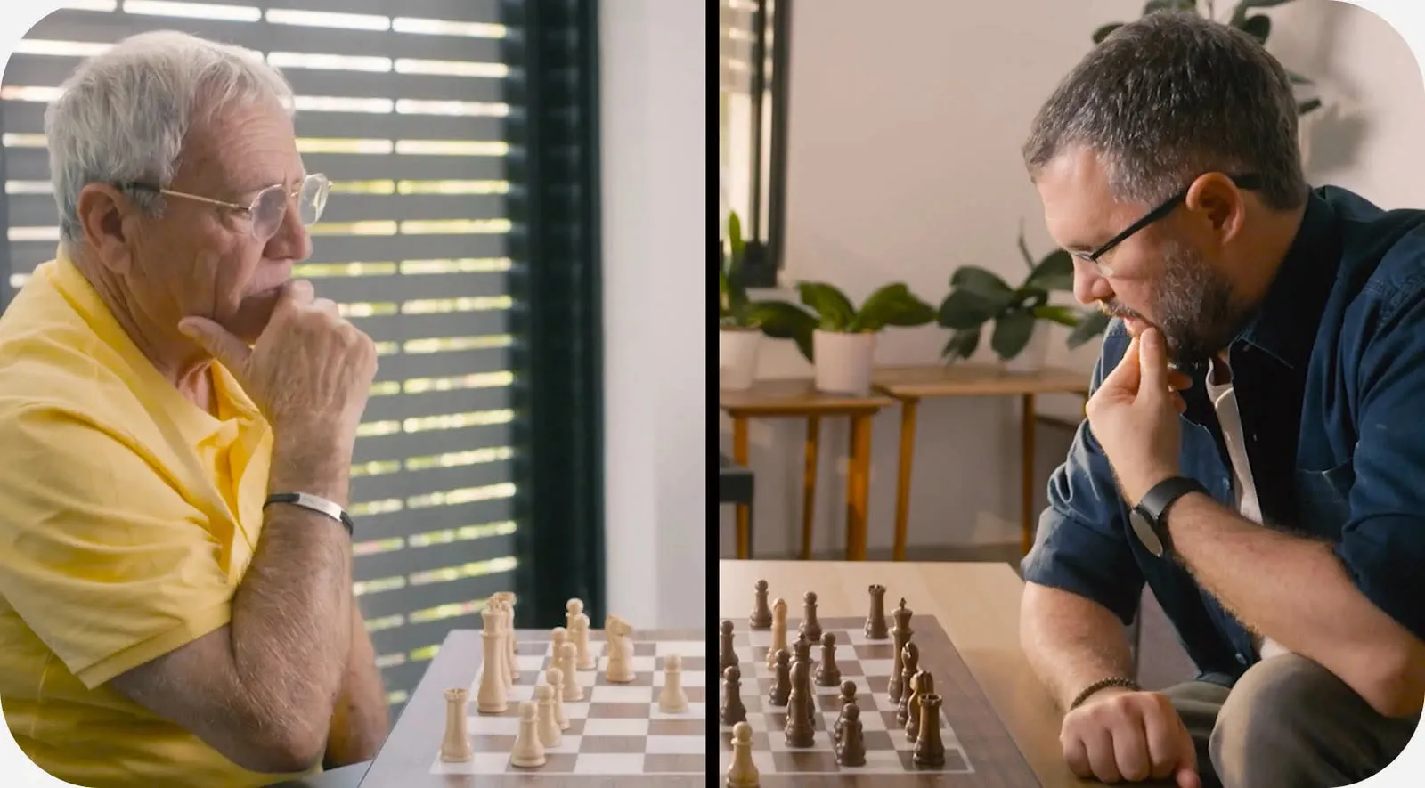 Two players far apart, each thinking over their own board