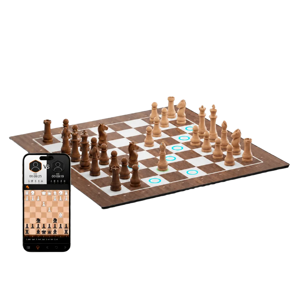GoChess Pro Classic with carved wooden pieces and phone app